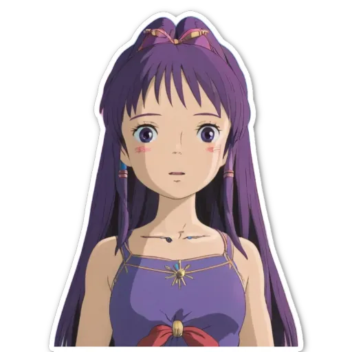 A woman with long hair and a purple dress.