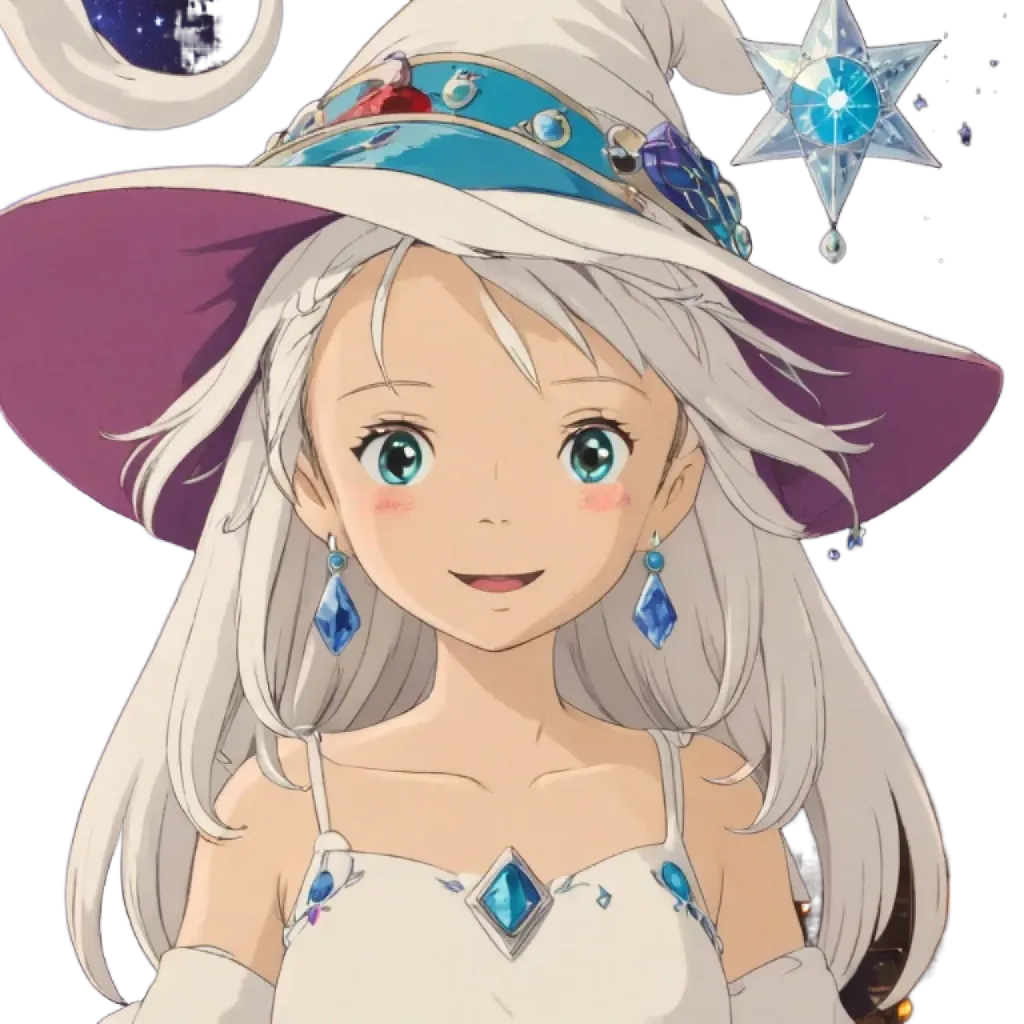 An anime character that is wearing a white dress and a purple hat.