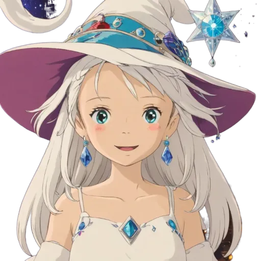 An anime character that is wearing a white dress and a purple hat.