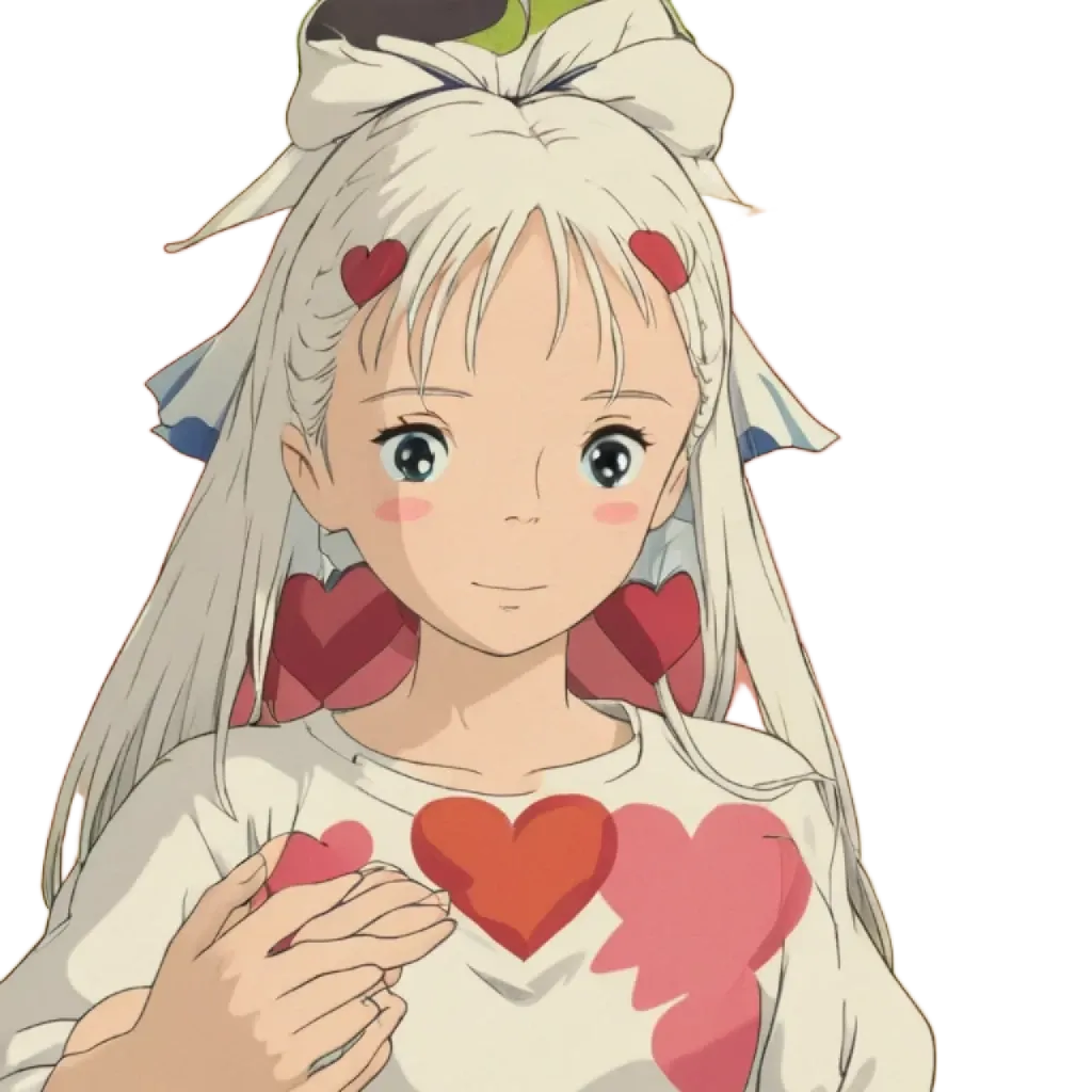 A girl with a bow in her hair and hearts on her shirt.