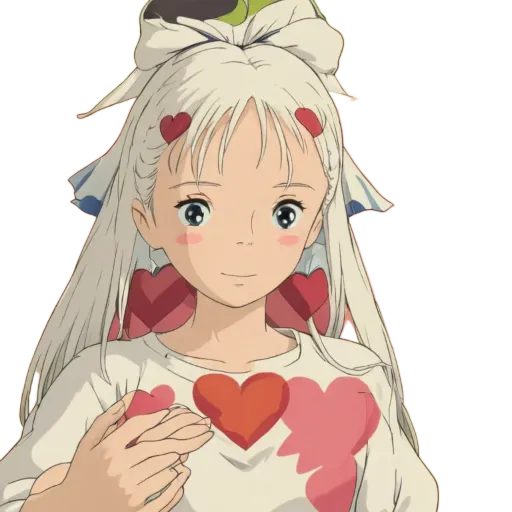A girl with a bow in her hair and hearts on her shirt.