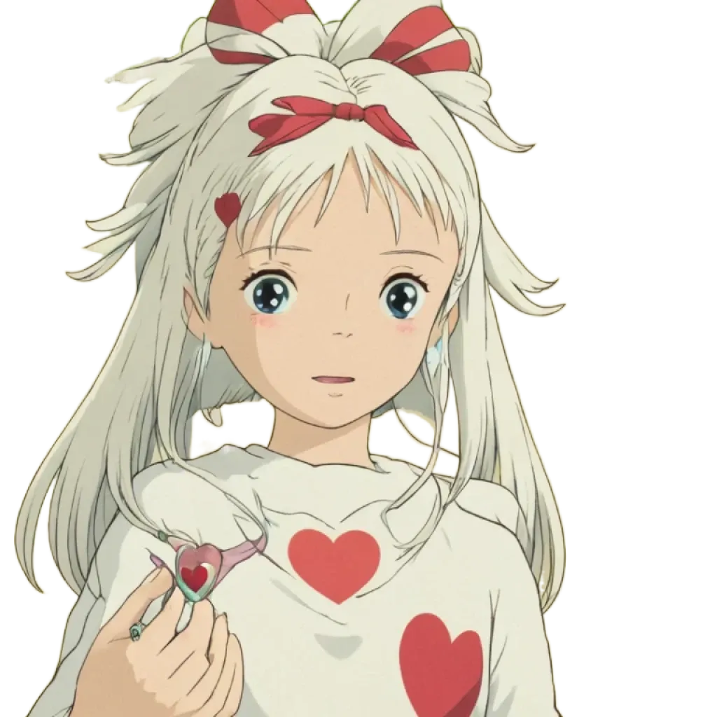 A girl with a heart on her shirt is holding something in her right hand.