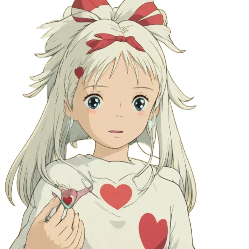 A girl with a heart on her shirt is holding something in her right hand.