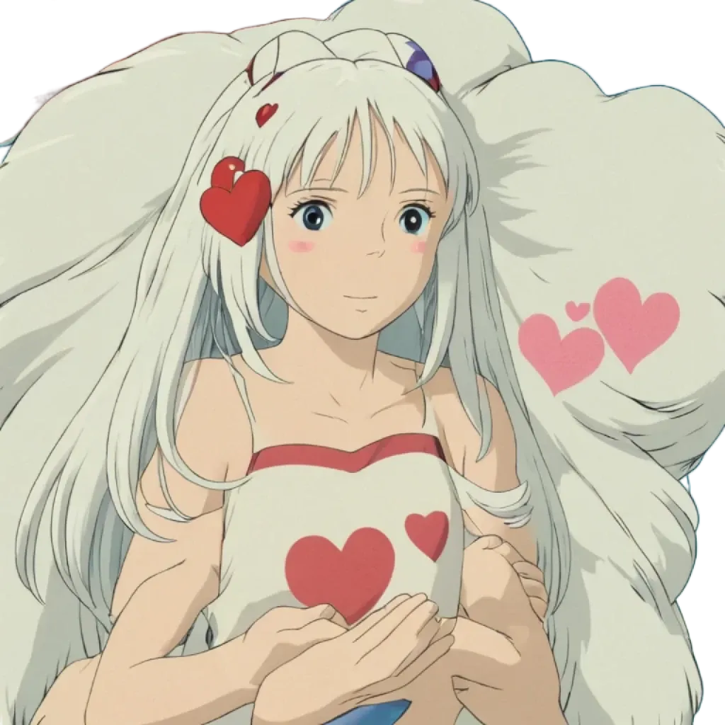A girl with white hair and a red heart in front of her.
