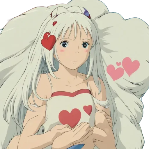 A girl with white hair and a red heart in front of her.