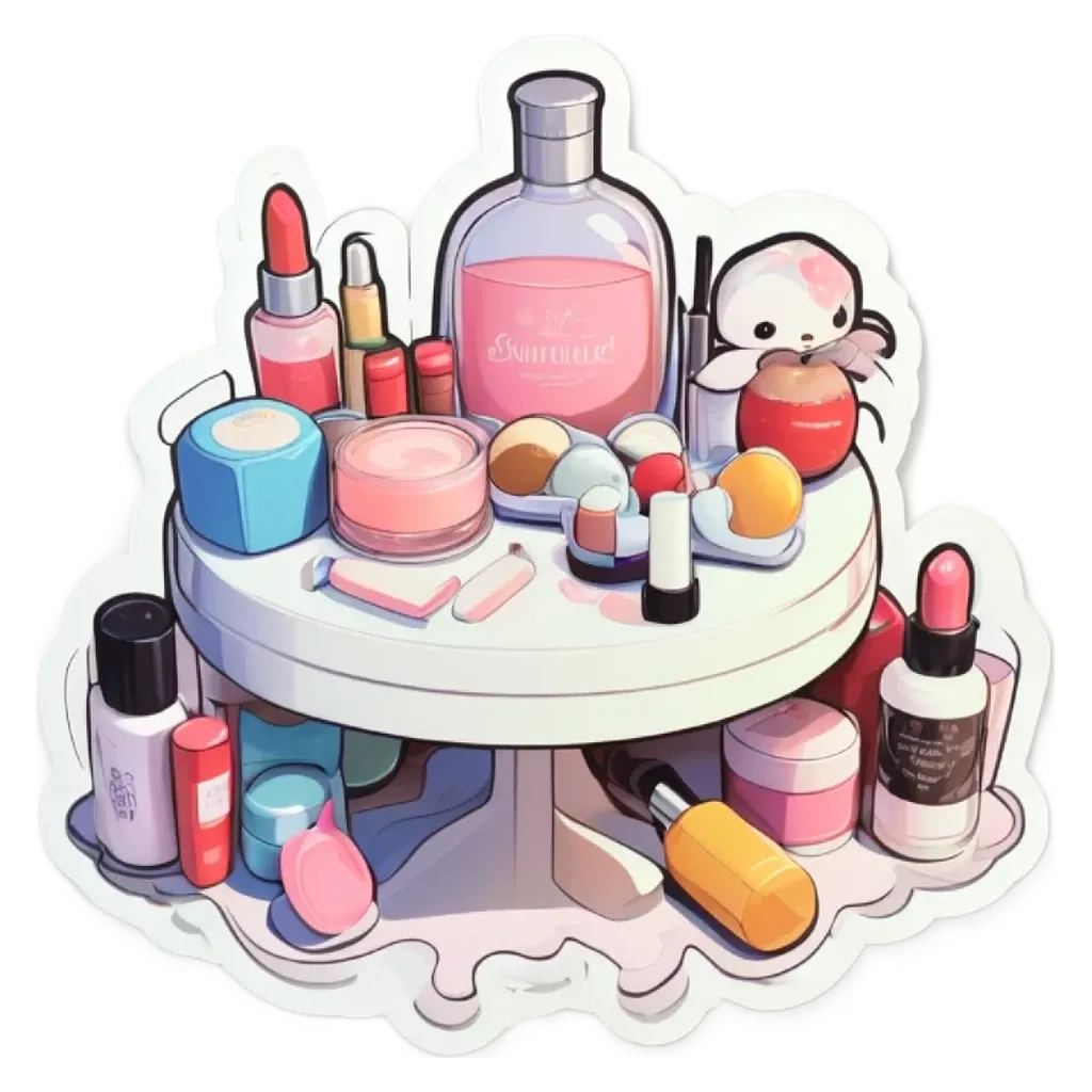 A sticker of make up on a table with a white background.