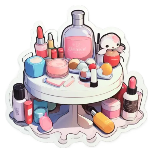 A sticker of make up on a table with a white background.