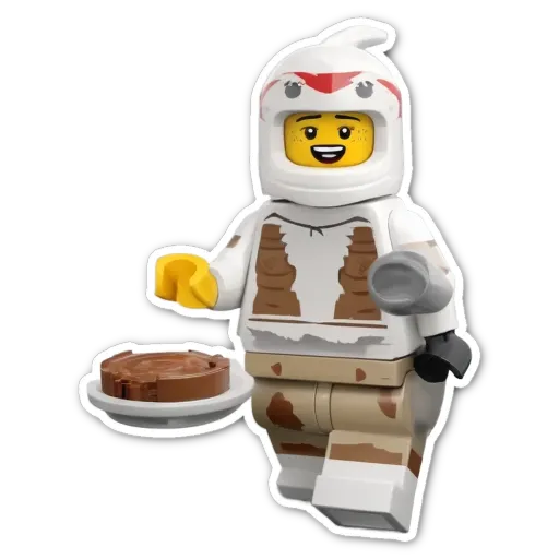 A lego person holding a plate of food and a fork.