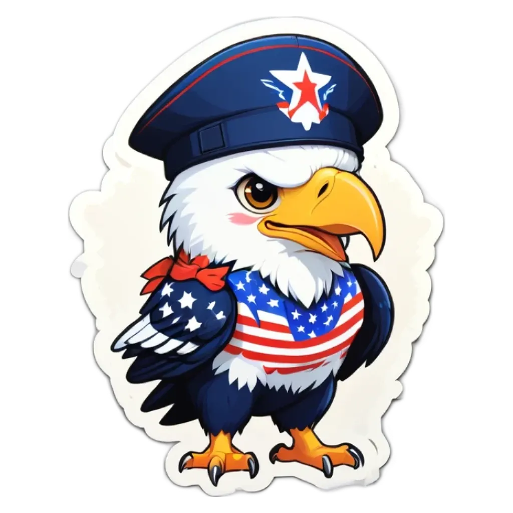 A cartoon picture of an eagle wearing a flag dress and a hat with a star and stripes.
