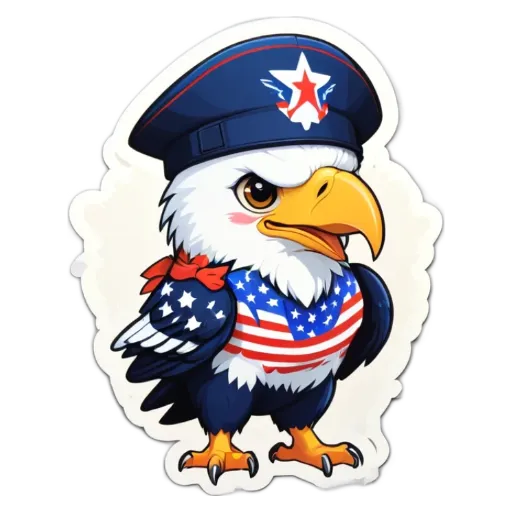 A cartoon picture of an eagle wearing a flag dress and a hat with a star and stripes.