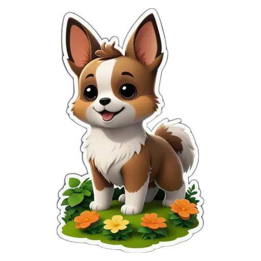 A cartoon dog with a flower on its nose is standing on a grassy area.