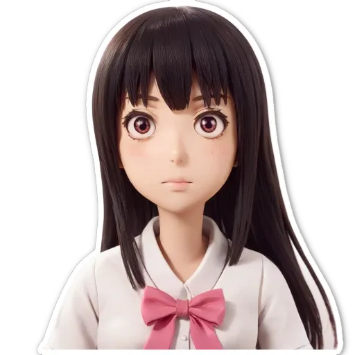 A girl with a pink bow on her right shoulder.