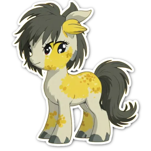 A yellow and black horse with a big smile.