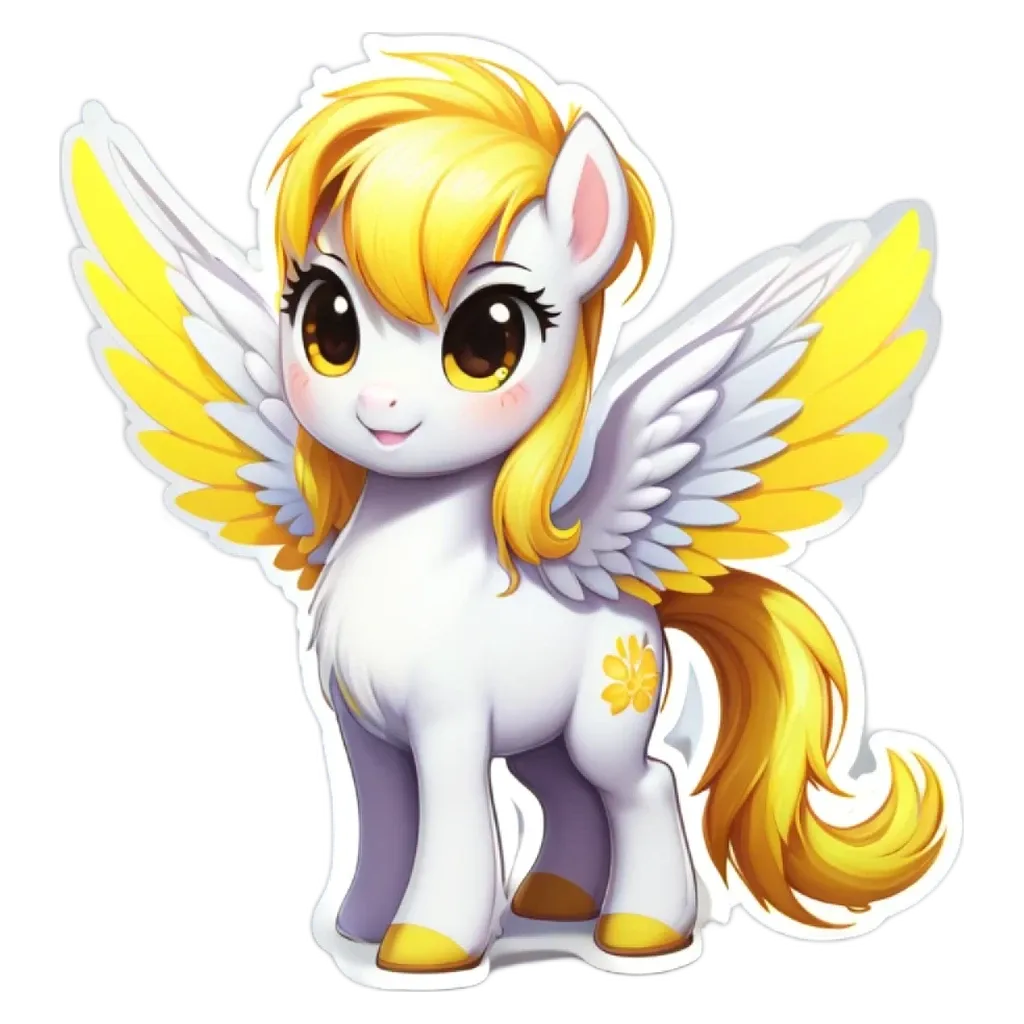 A cartoon yellow pony with big wings is smiling.
