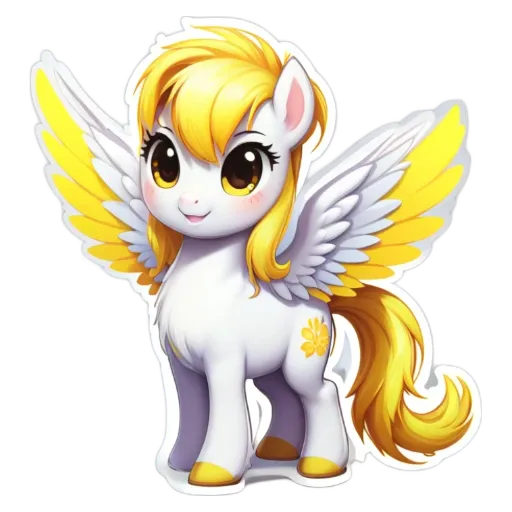 A cartoon yellow pony with big wings is smiling.