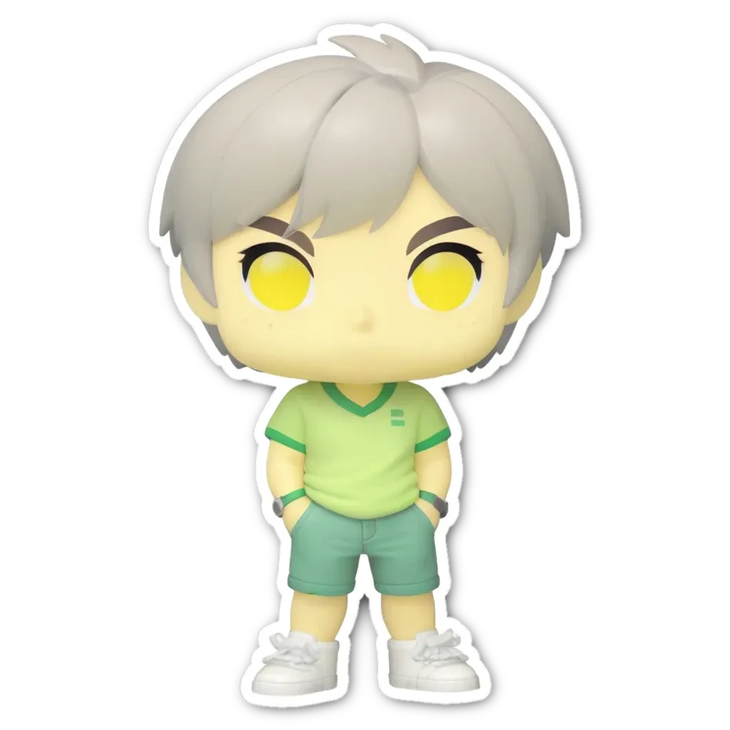 A sticker of a boy with yellow eyes and an even yellow shirt.
