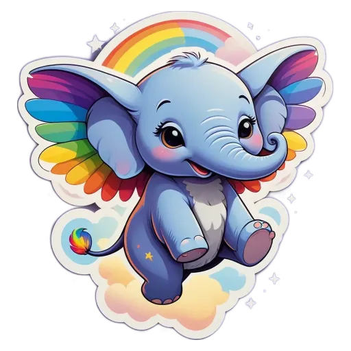 A cartoon image of an elephant with rainbow colored wings.