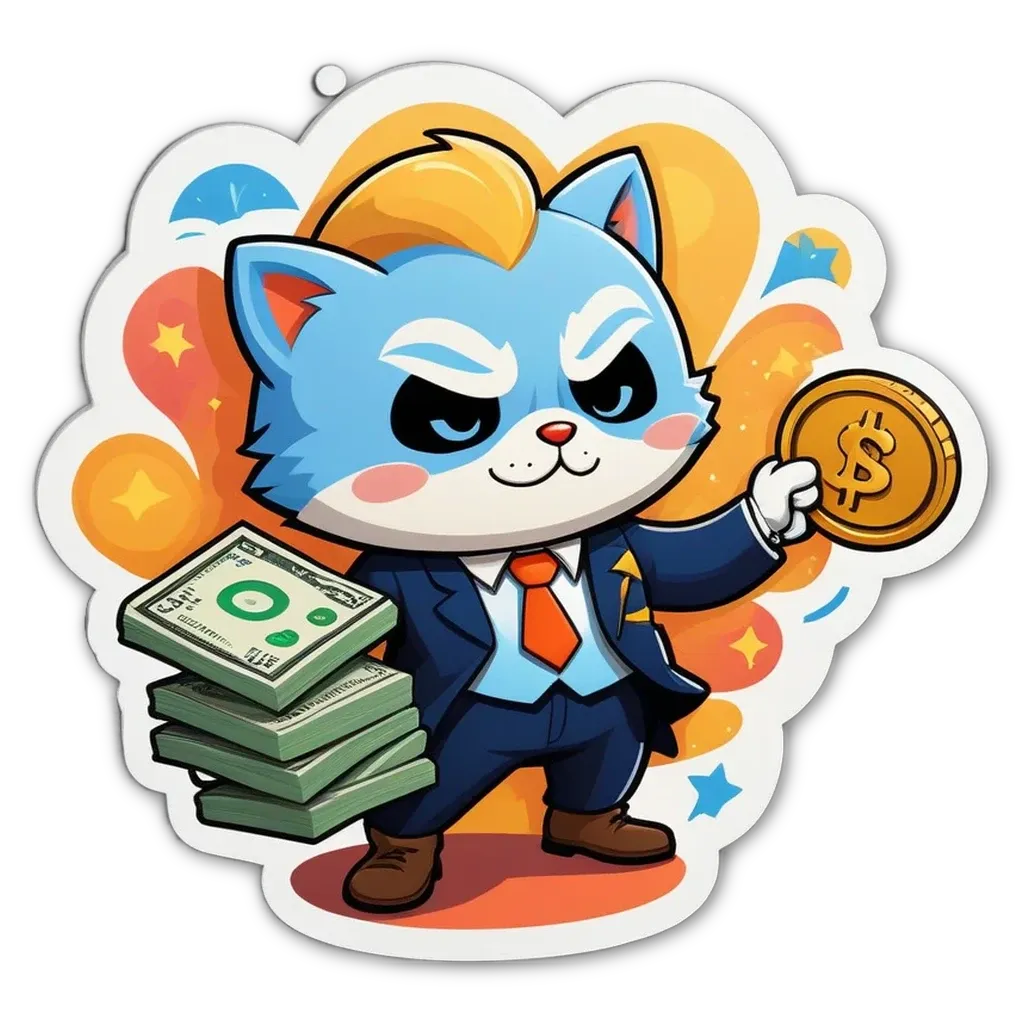 A cat in a suit holding a bunch of money.