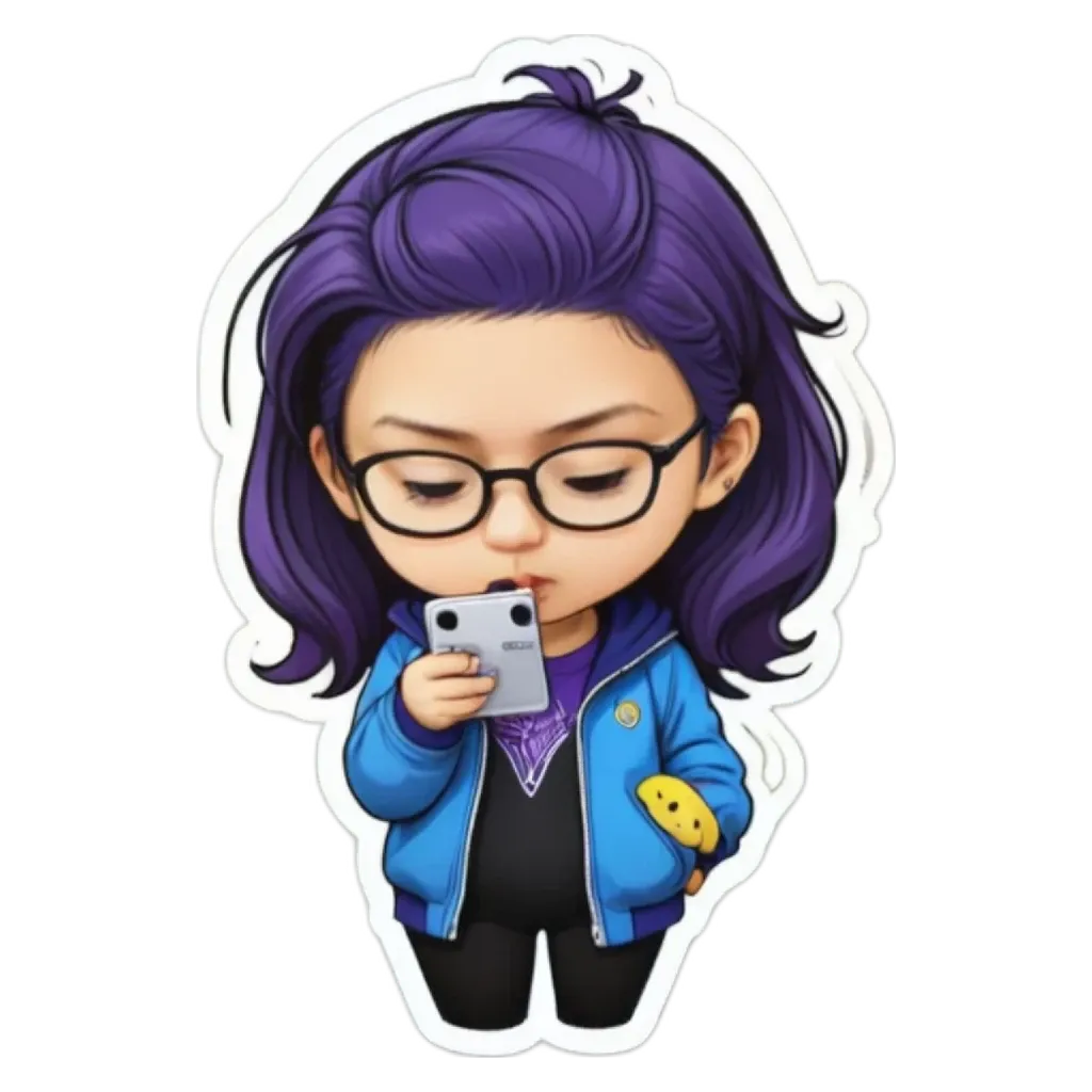 A purple girl looking at her phone.