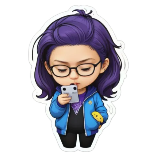 A purple girl looking at her phone.