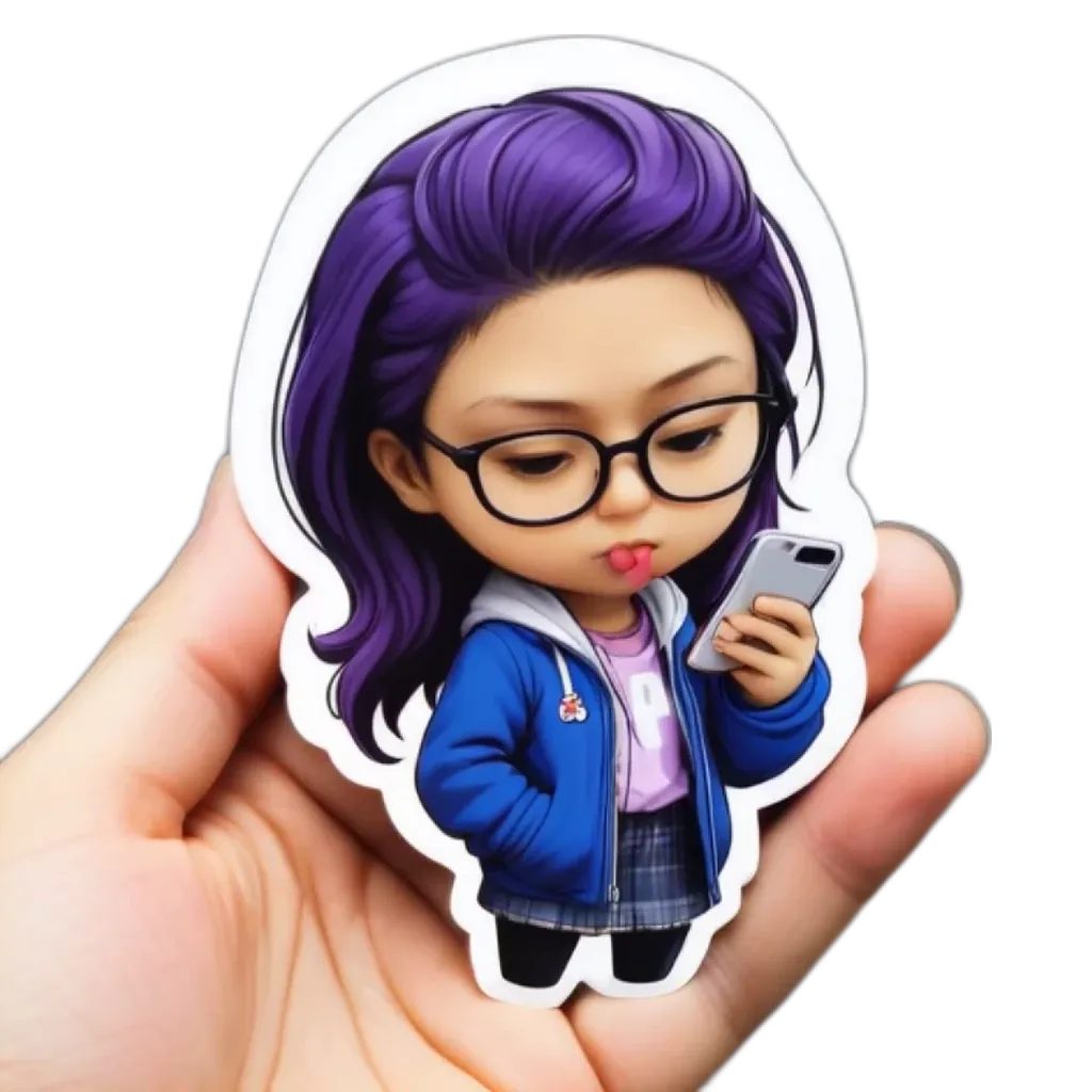 A hand holding a purple and black character sticker that is texting on a cell phone.
