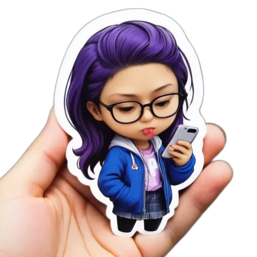 A hand holding a purple and black character sticker that is texting on a cell phone.