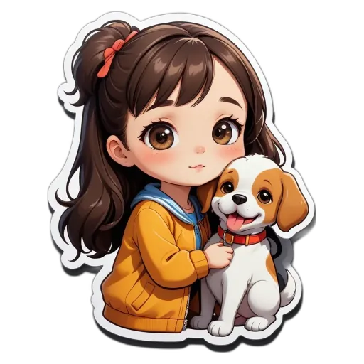 A girl holding a dog in a sticker.