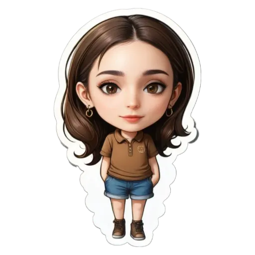 A cartoon girl with a brown shirt and blue shorts who is standing with her hands in her pockets.