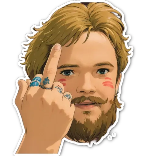 A sticker of a man's face showing that he is holding his finger up to the middle of his hand.