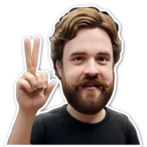 A man with a peace sign is wearing a black shirt.