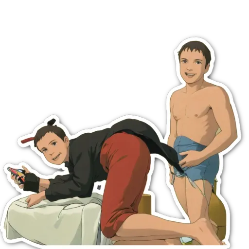 A sticker of two boys playing on a bed and one holding a game controller.