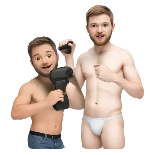 A man holds a toy gun while standing next to another man who is wearing a white thong.