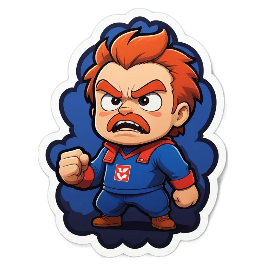 A cartoon character with a red beard and a blue outfit is standing up with his fist in the air.