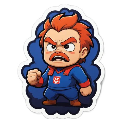A cartoon character with a red beard and a blue outfit is standing up with his fist in the air.