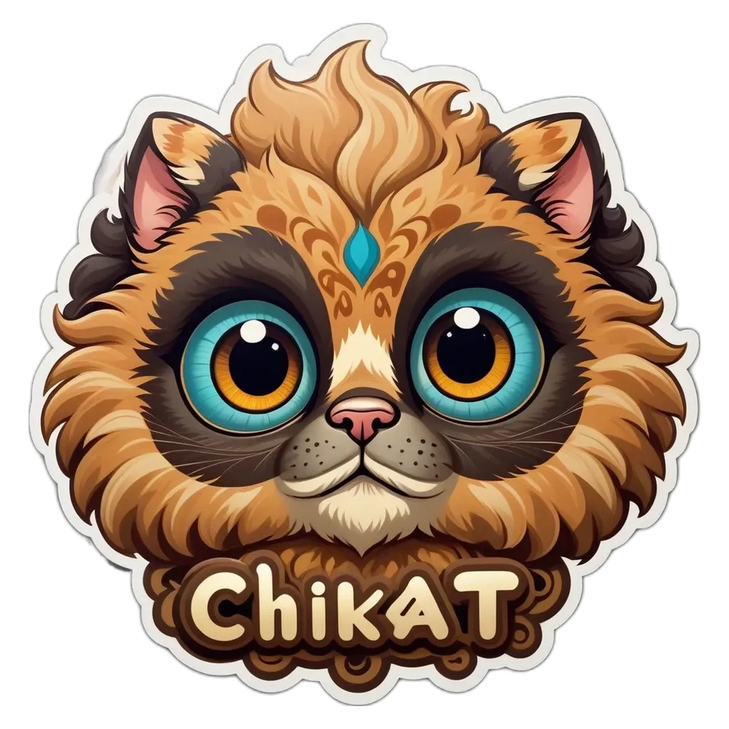 A sticker of a cat's face with the name Chikat on it.