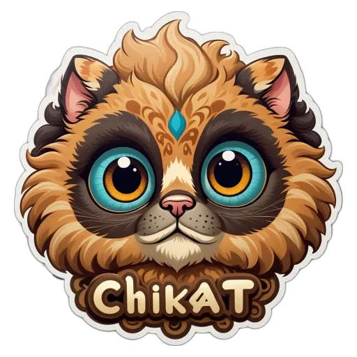 A sticker of a cat's face with the name Chikat on it.