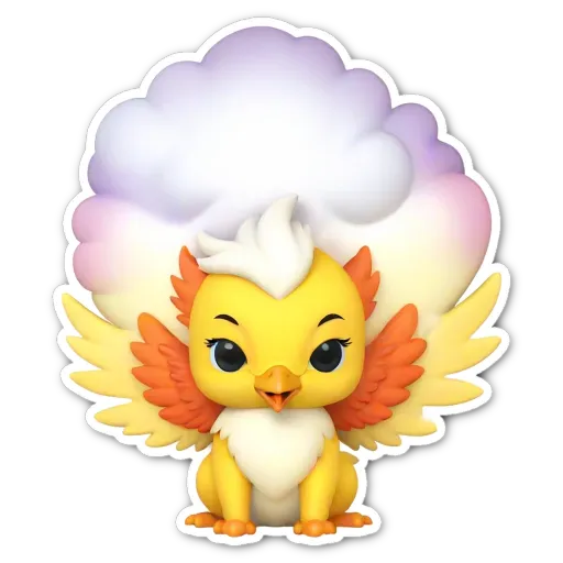 A sticker of a bird with a cloud over its head.