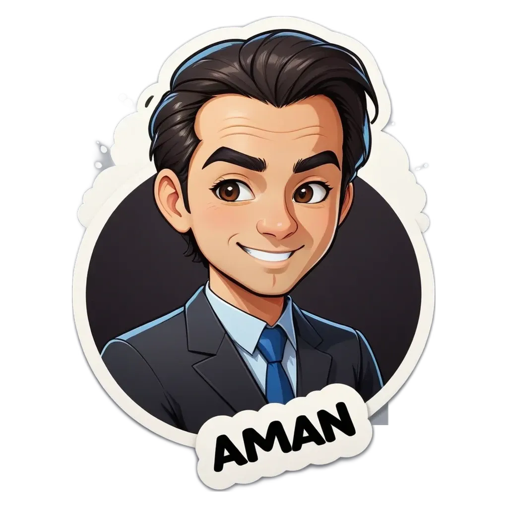 A man wearing a suit and tie with a sticker that says Aman.