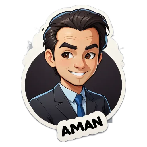 A man wearing a suit and tie with a sticker that says Aman.