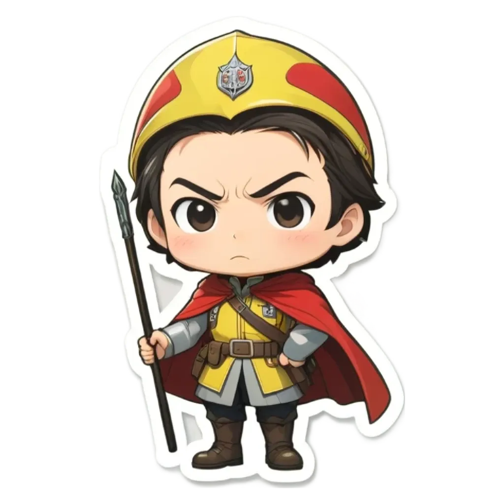 A boy is wearing a red and yellow cape and holding a staff.