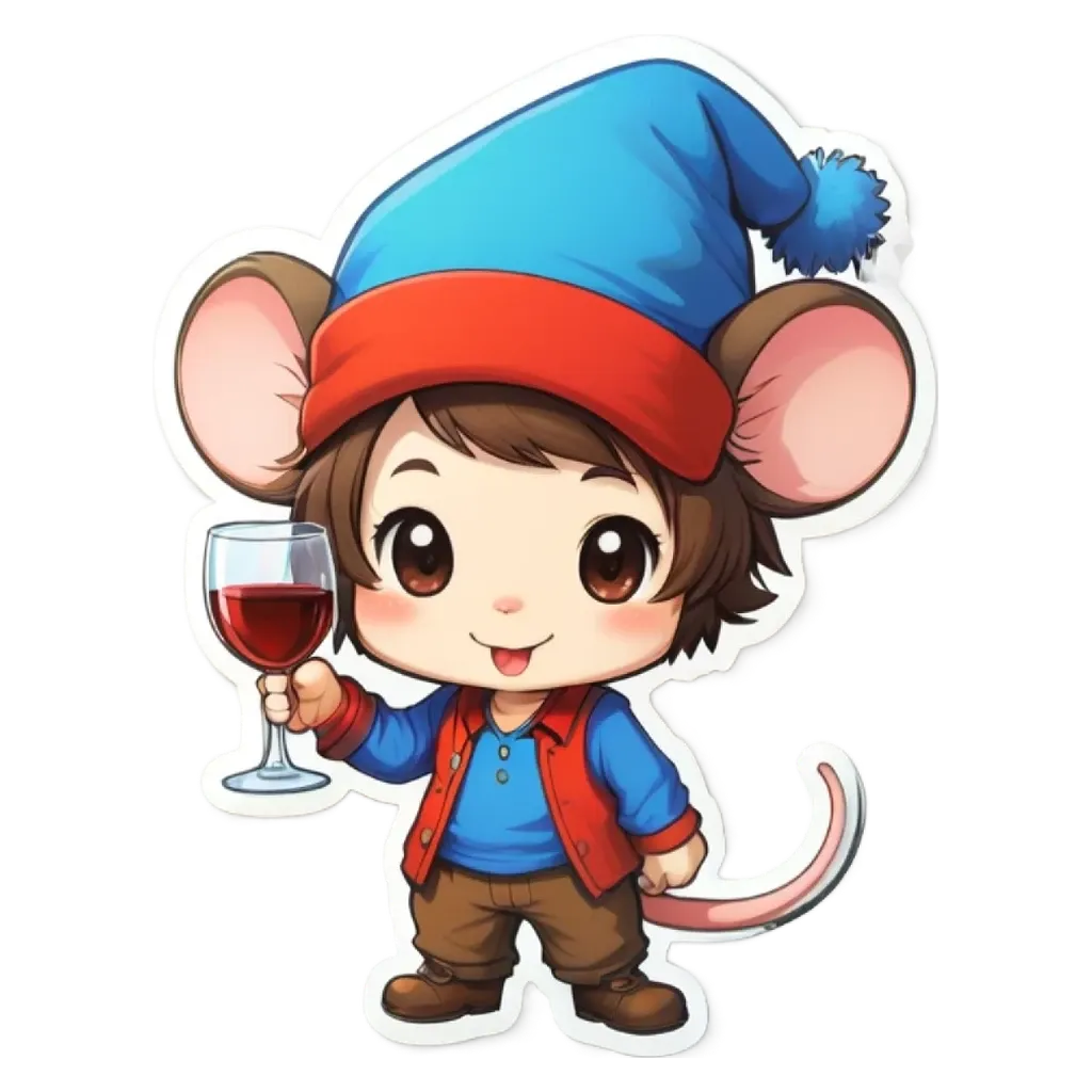 A mouse wearing a hat and holding a glass of wine.