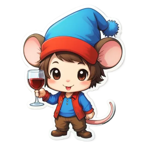 A mouse wearing a hat and holding a glass of wine.