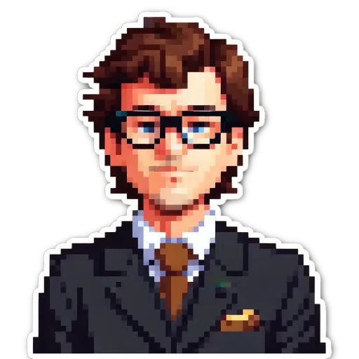 A man wearing glasses and a tie in a pixelated sticker.