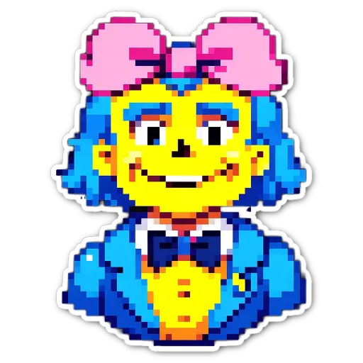 A digital art of a person wearing a blue suit with a pink bow on his head.
