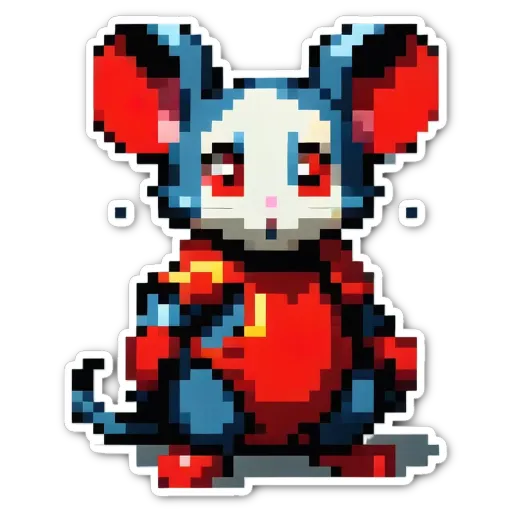 A sticker of a pixelated mouse in red and blue.