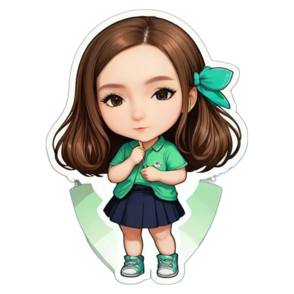 A sticker of a girl wearing a green shirt and blue skirt.