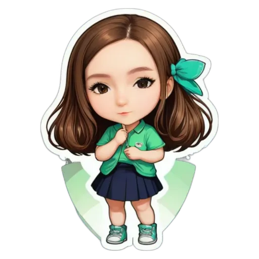 A sticker of a girl wearing a green shirt and blue skirt.