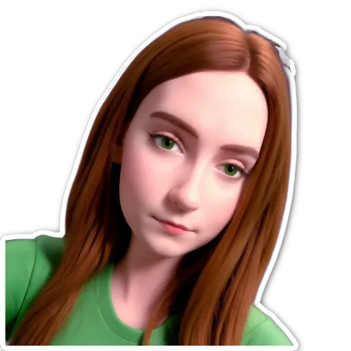 A green colored girl with red hair looking at the camera.
