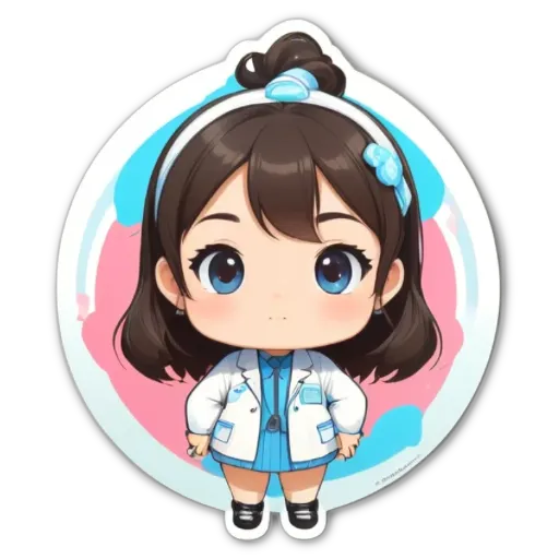 A sticker of a girl that is wearing a white lab coat.