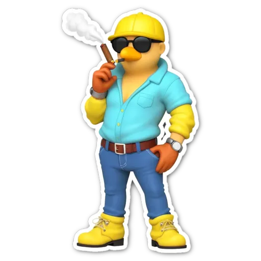 A cartoon depiction of a man smoking a cigar while wearing a hard hat and blue jeans.